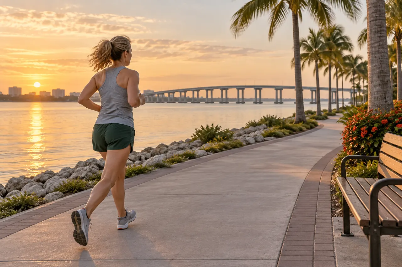 A runner on a waterfront path at sunrise in Fort Myers