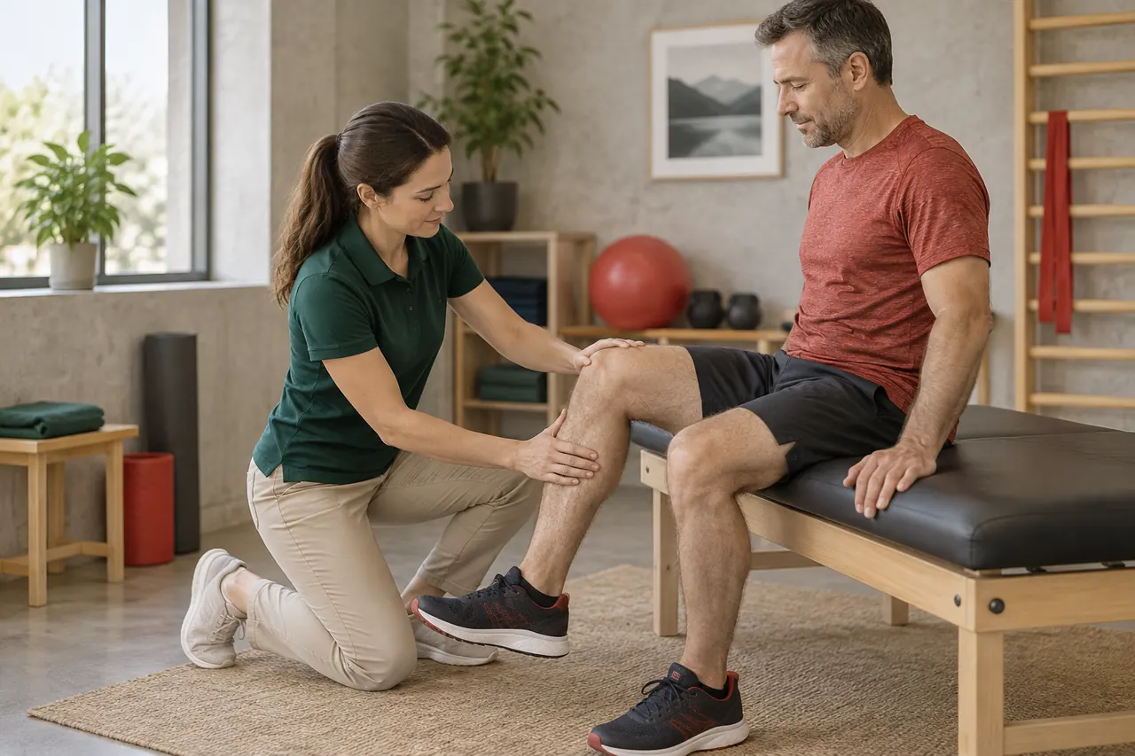 A physical therapist guiding a runner's knee bend on a treatment table