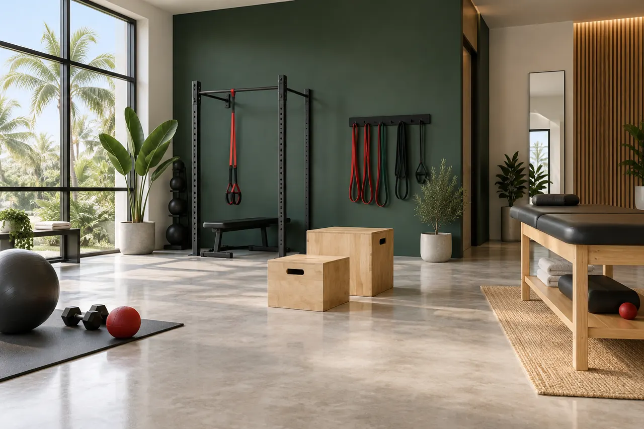 The movement studio: concrete floor, oak boxes, resistance bands on a green wall