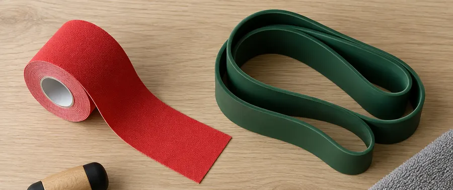 Red kinesiology tape and a green resistance band on an oak table